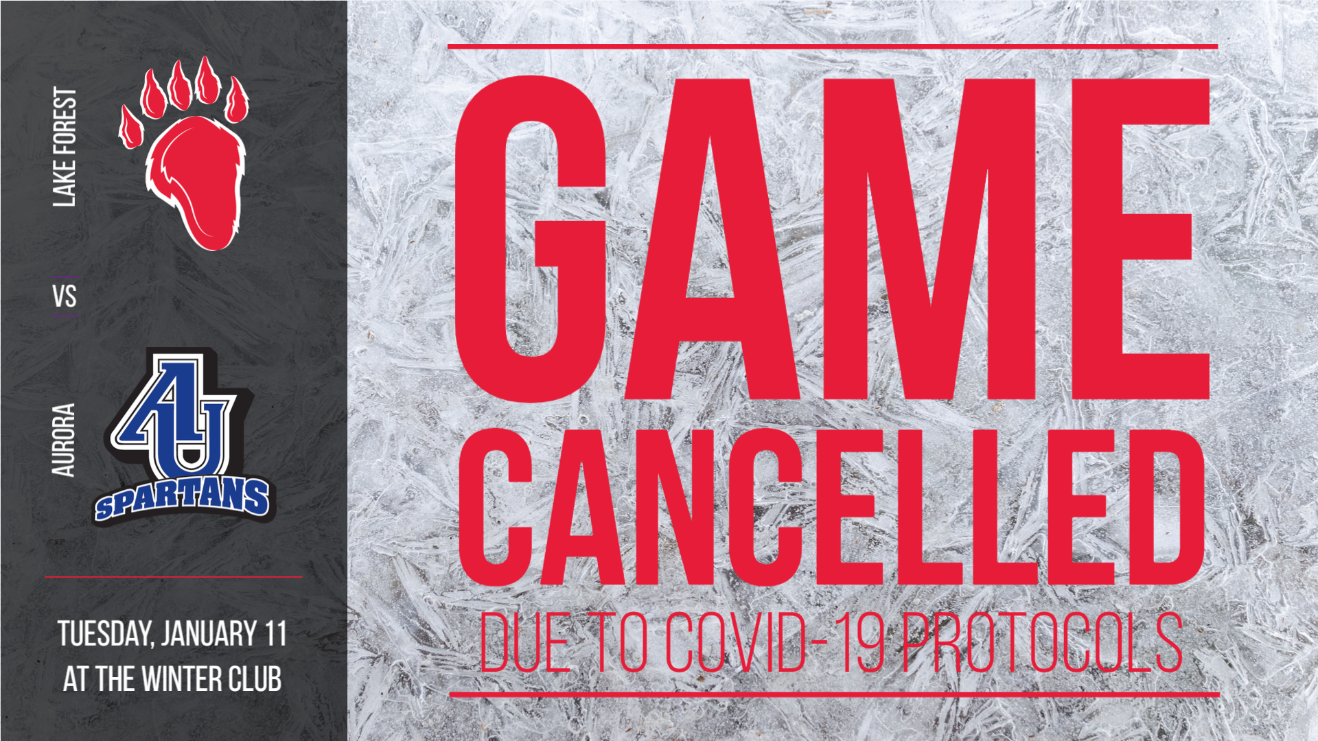Tuesday Night's Outdoor Women's Hockey Game against Aurora Canceled